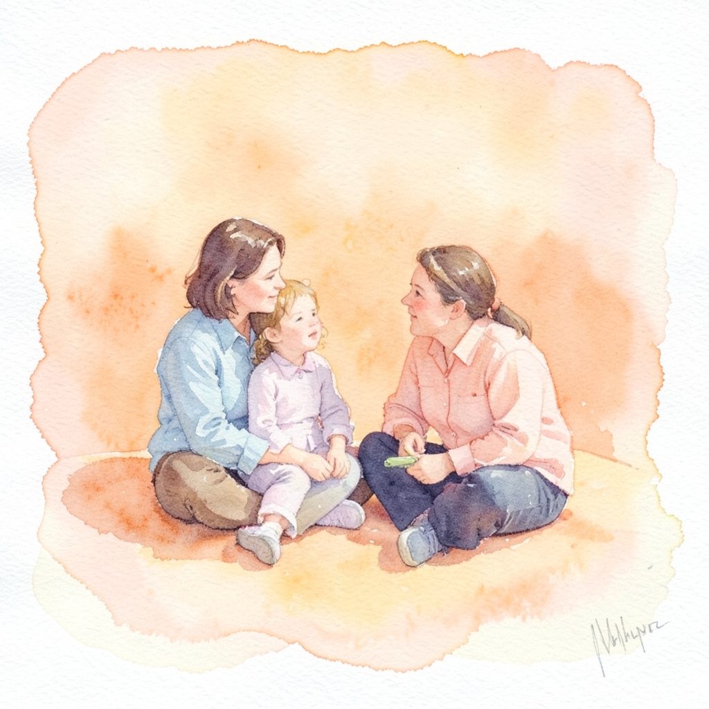 Warm watercolor family scene in tan, cream, and faded red, with a gentle welcoming atmosphere